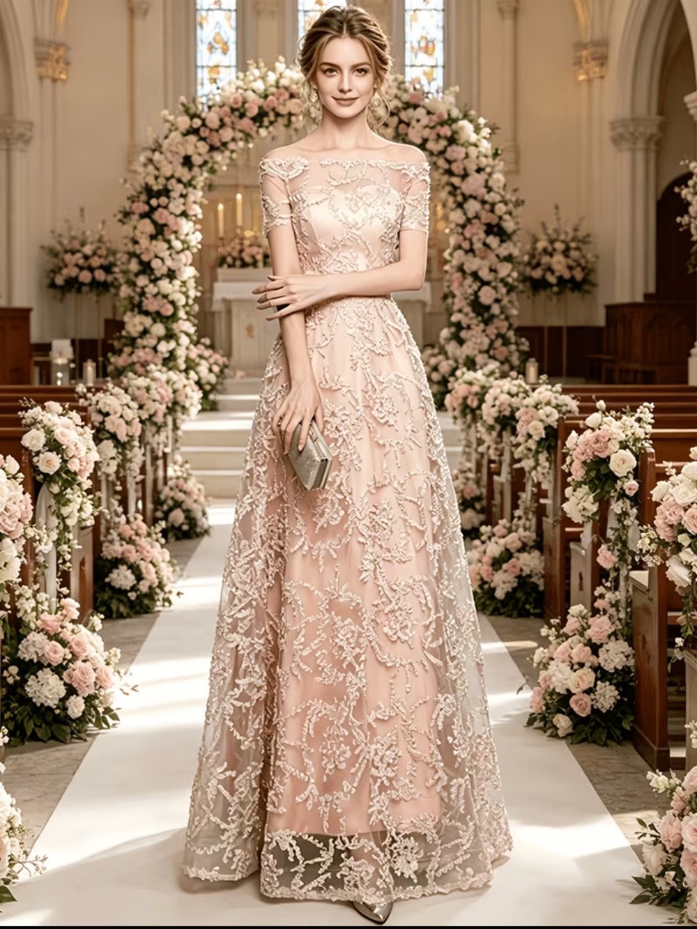 Blush Lace A-Line Wedding Gown with Illusion Neckline